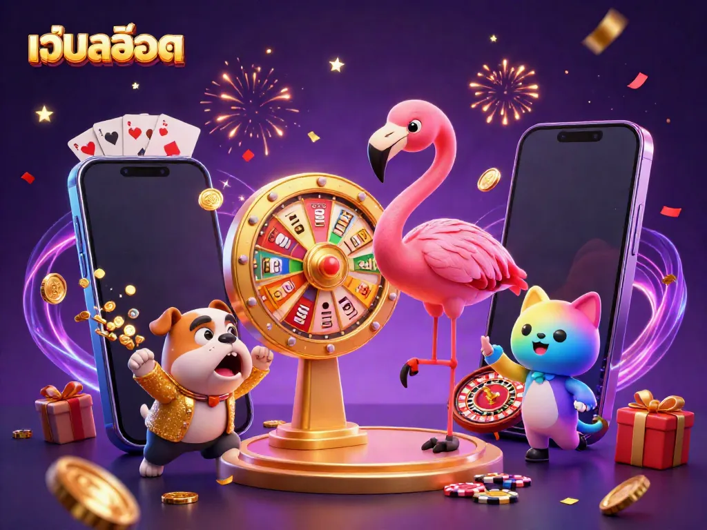 Experience thrilling เว็บสล็อต action as a flamingo host spins a prize wheel while confetti rains down