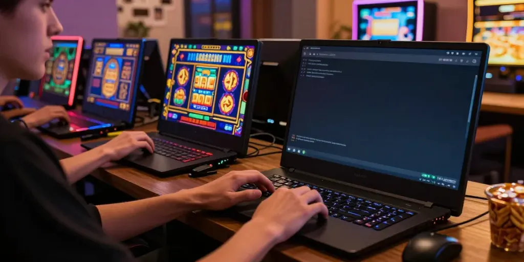 Pengguna memainkan permainan slot server thailand dengan laptop di ruang gaming nyaman, dikelilingi grafis cerah dan suasana yang mengasyikkan.