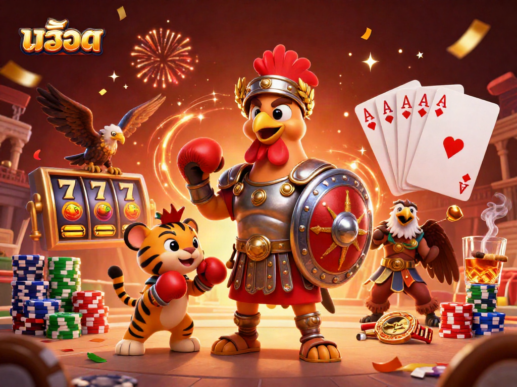 Engage in thrilling สล็อต gameplay amidst a festive scene featuring a gladiator rooster and a tiger cub.