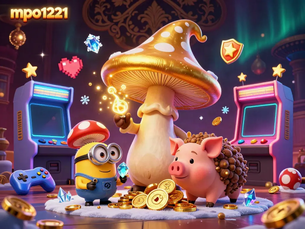 Play exciting games with mpo1221, featuring magical elements and gold treasures in a vibrant 3D casino scene.