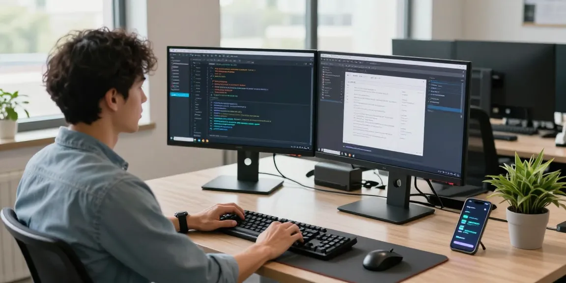 快连 software developer at a bright modern workspace with dual monitors, coding in a productive environment.