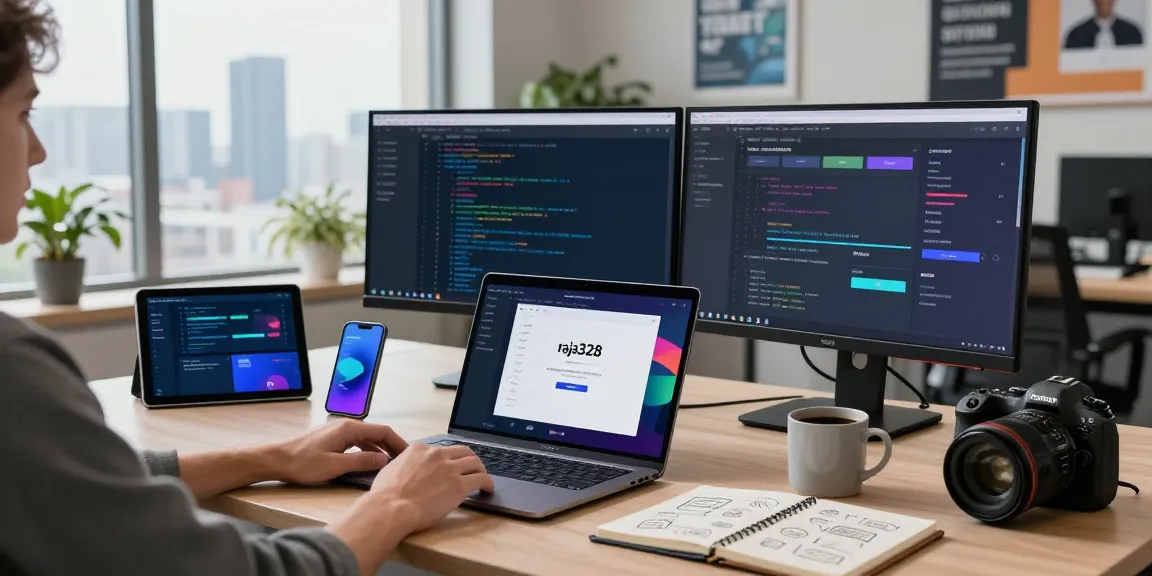 Raja328 login scene showcasing a user engaging with modern tech in a vibrant office setting.