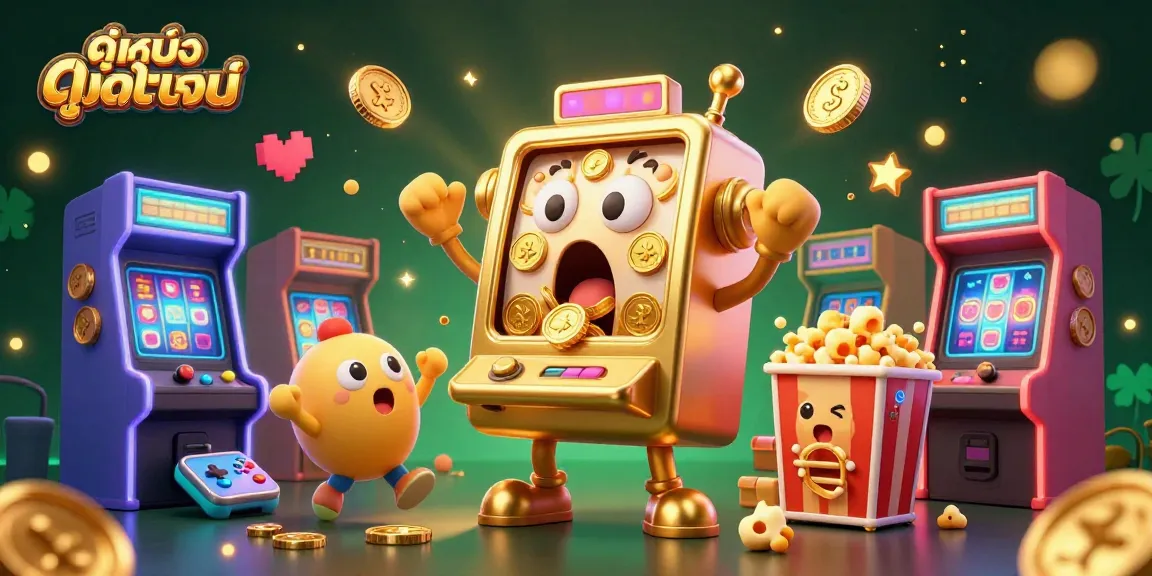 Experience ดูหนังออนไลน์ with a surprised golden slot machine hitting a jackpot, surrounded by cheering slot machines and dynamic gaming elements.