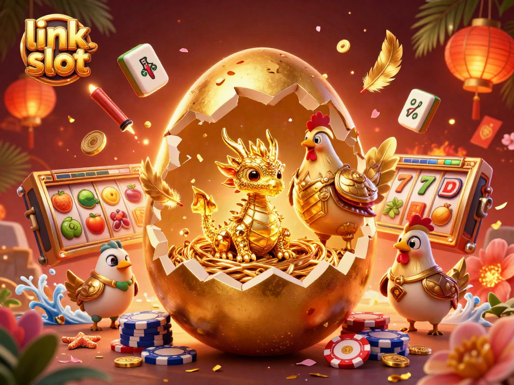 Engage with the exciting world of link slot games, featuring golden dragons, vibrant slot reels, and poker chips!