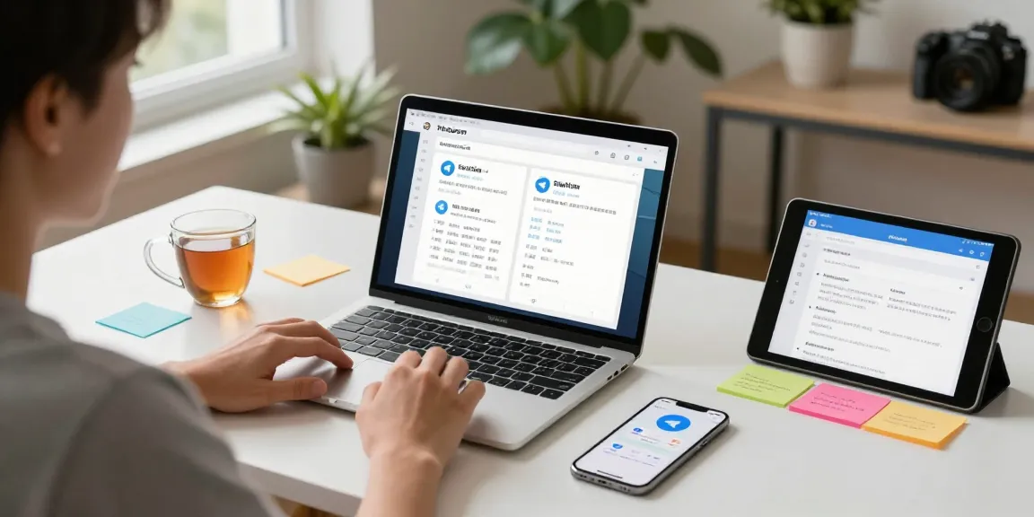 telegram chinese guide 2026 featuring a workspace with Telegram's interface in Chinese, a person engaged in learning.