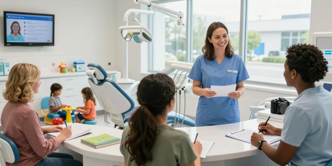 Friendly dental clinic scene where patients can discover more here about their appointments.