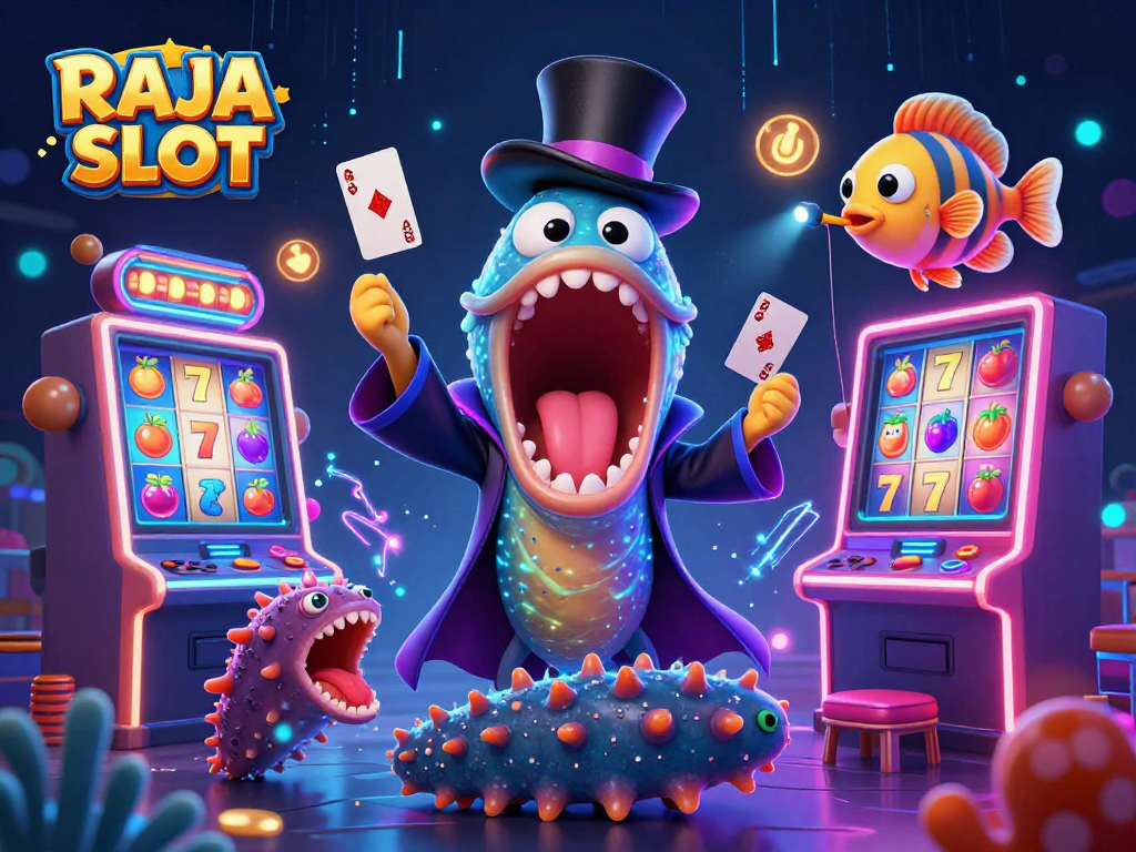 Gambaran penuh warna RAJA SLOT dengan ikan guper yang menawan melakukan trik kartu dan simbol slot berkilauan di sekitarnya.