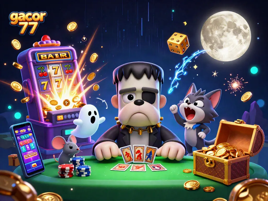 Gacor 77 menghadirkan suasana kasino dengan monster bulldog dan chip yang bertebaran.