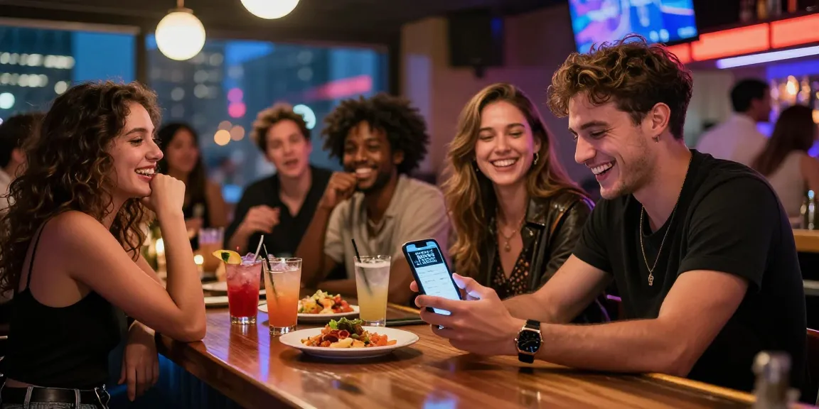Friends enjoying a lively bar scene with NSFW content discussion, vibrant urban nightlife atmosphere.