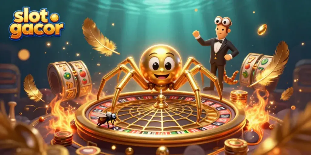 Experience the thrilling world of slot gacor with a golden spider and vibrant casino elements.