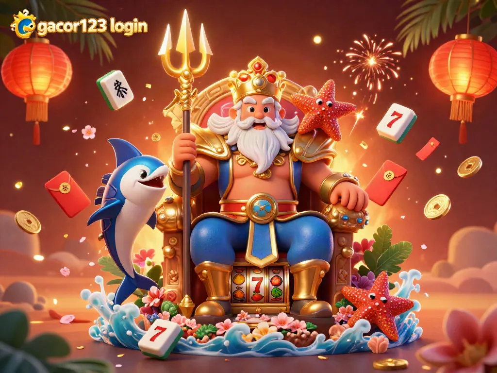 Experience engaging gacor123 login visuals with Neptune and vibrant casino elements in a colorful scene.