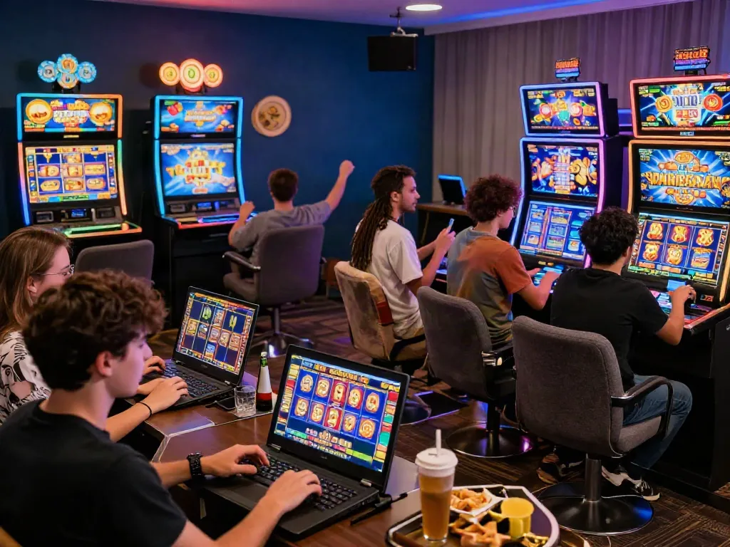 Online users engaged in thrilling slot gameplay on various devices at home, showcasing exciting gaming moments.
