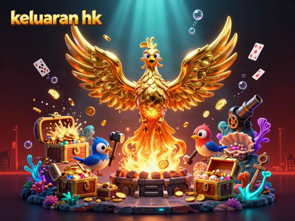 Ilustrasi 3D keluaran hk menampilkan phoenix emas dan harta karun laut yang memukau.