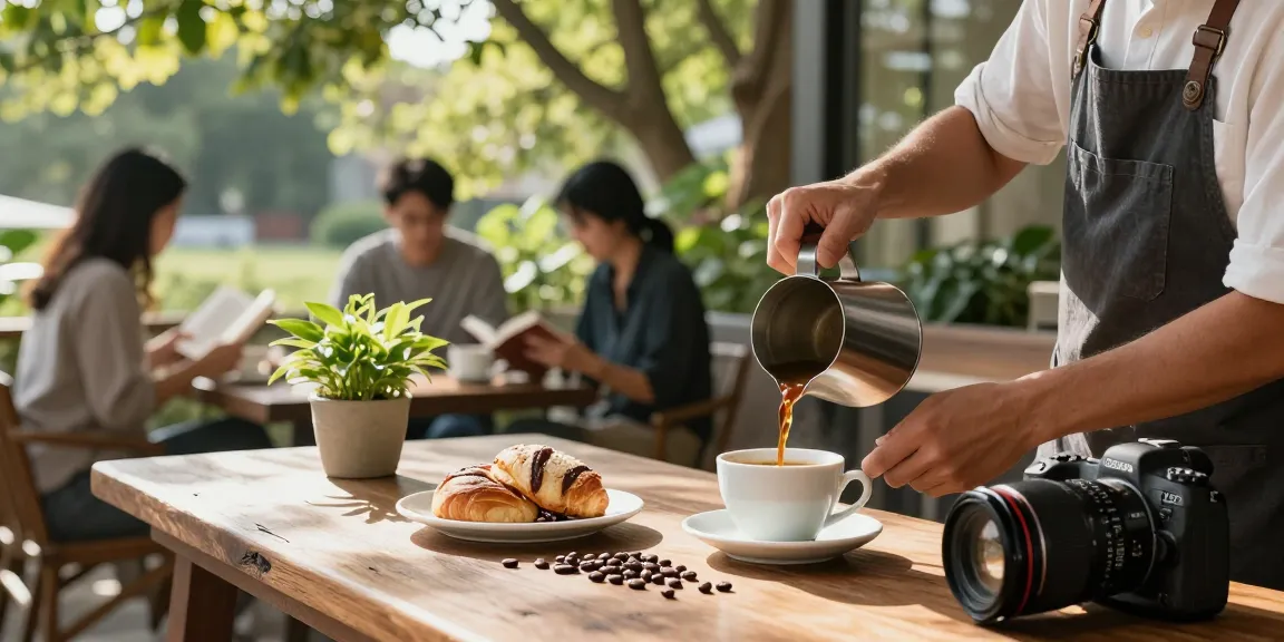 Organic white coffee served at a cozy outdoor café, surrounded by pastries and plants.