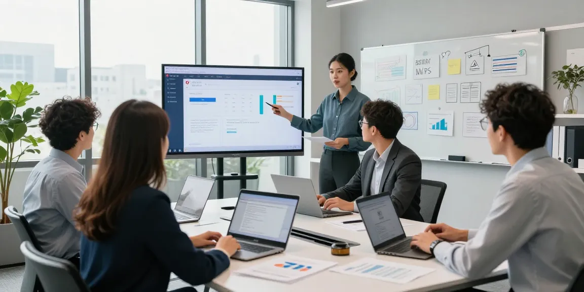 Team collaborating using WPS in a modern office setting, showcasing analytics and documents.