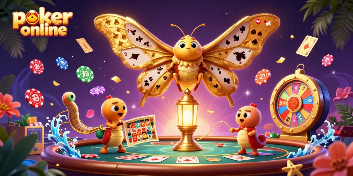 Jouez à poker en ligne avec des éléments festifs, représentés par un caractère captivant et des jeux de cartes colorés.
