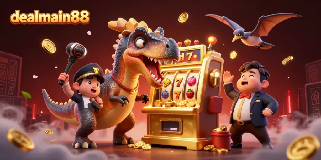 dealmain88 whirls excitement with a pachycephalosaurus headbutting a payout slot machine