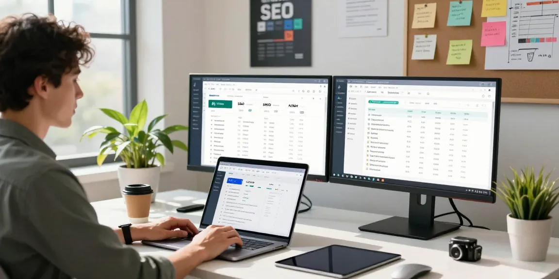 SEO specialist using AI SEO tools in a modern workspace with dual monitors, laptop, and analytics dashboards.