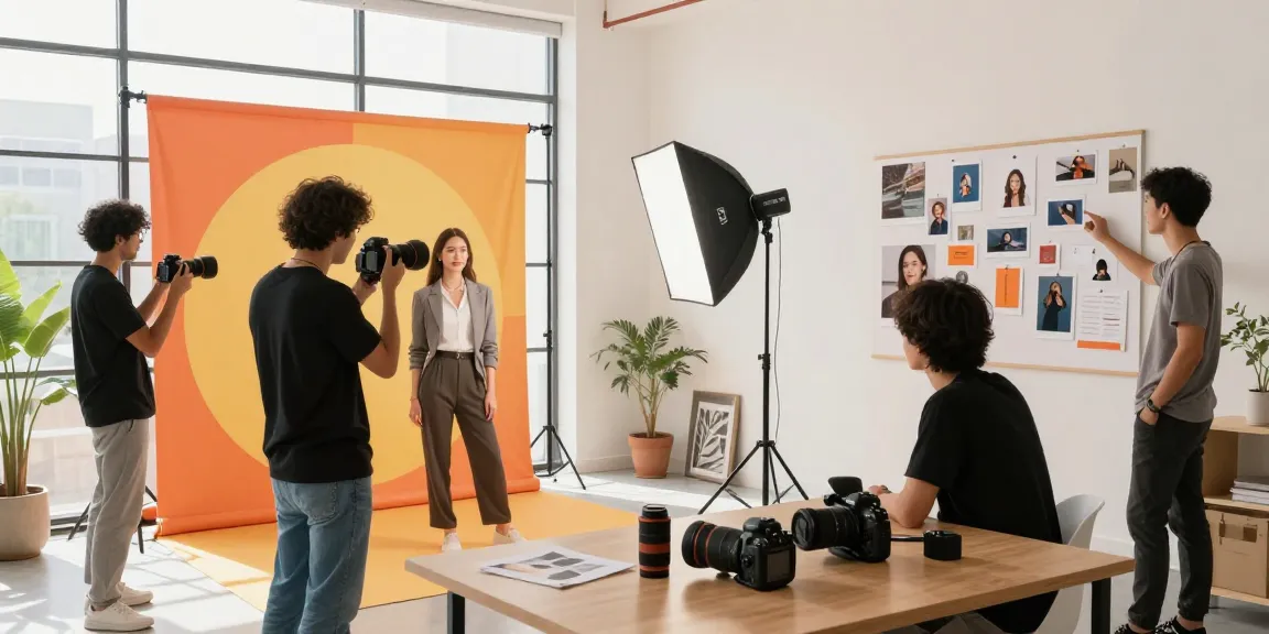 Fotografo pubblicitario Milano durante uno shooting creativo in studio, illuminazione professionale e interazione di squadra.