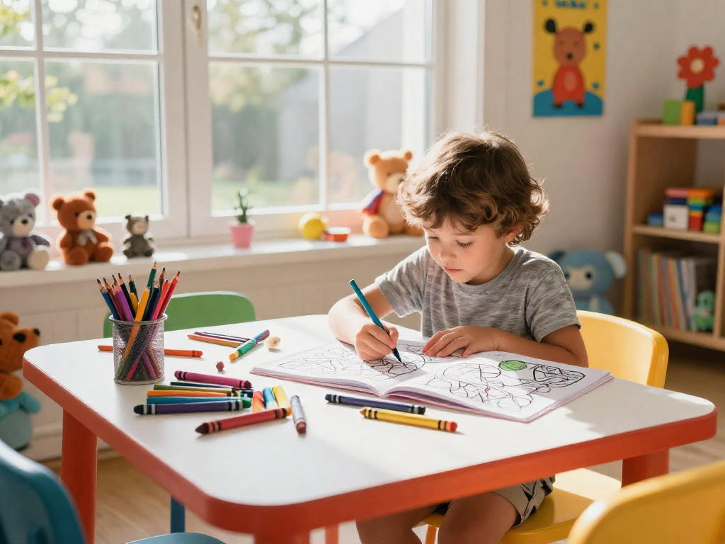Child joyfully coloring books in a vibrant playroom filled with crayons and toys.