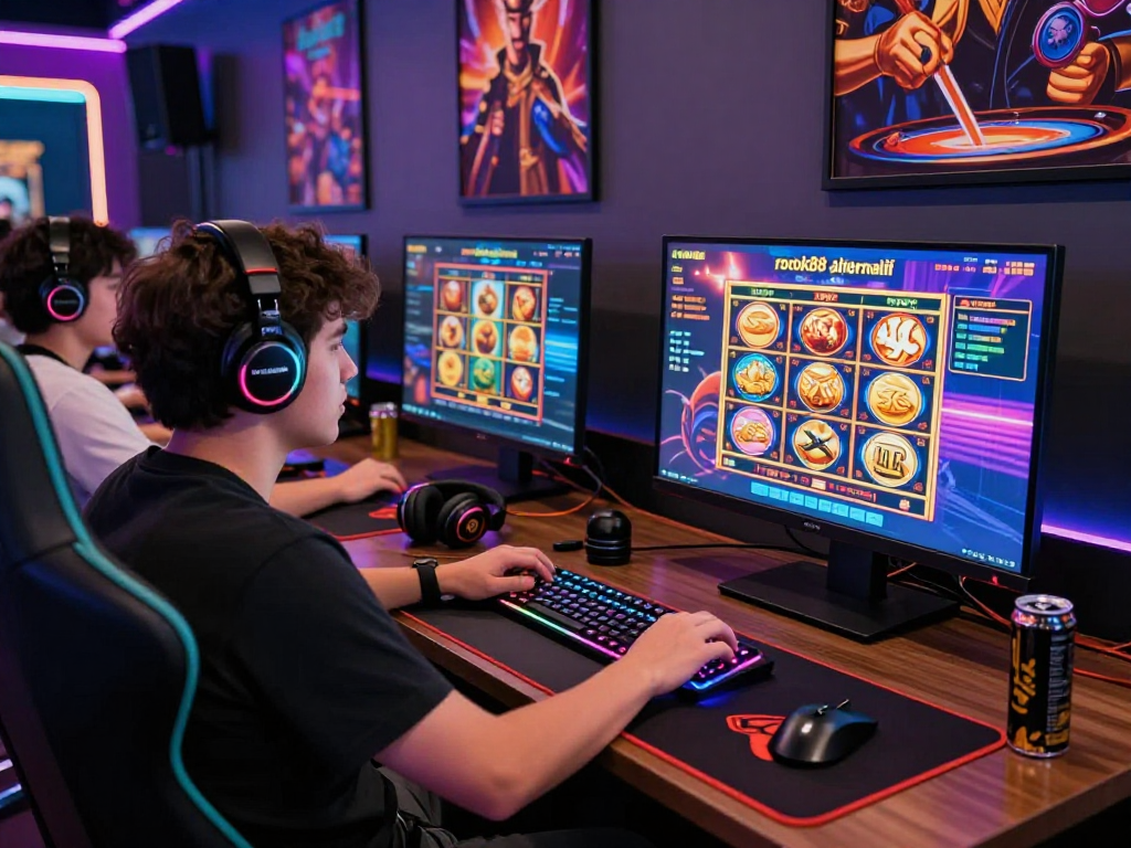 Gamer using rokok88 alternatif in a vibrant online gaming setup with colorful graphics and immersive atmosphere.