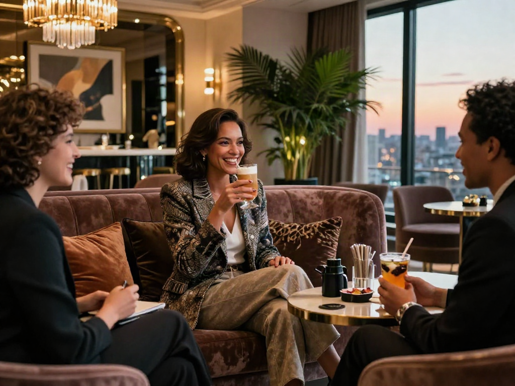 Momen mewah di lounge dengan orang mengenakan pakaian desainer sambil menikmati minuman premium, menggambarkan gaya hidup luxury111.