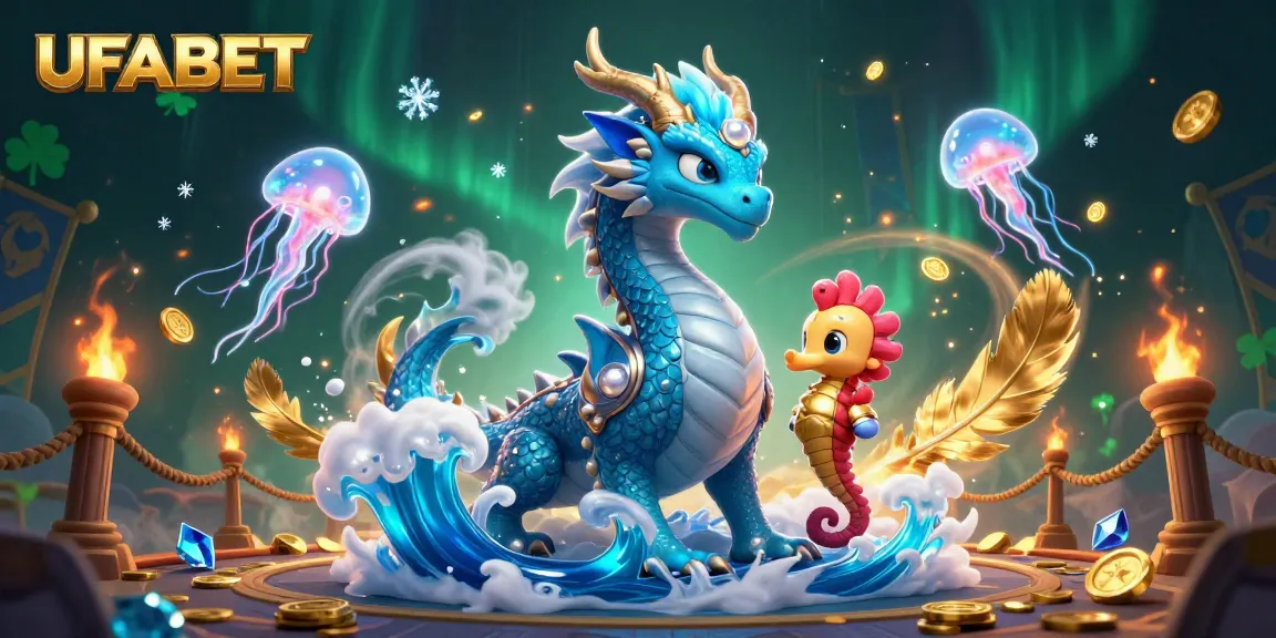 Join in the excitement at UFABET with an immersive casino experience featuring a majestic dragon, seahorse knight, and glowing jellyfish.