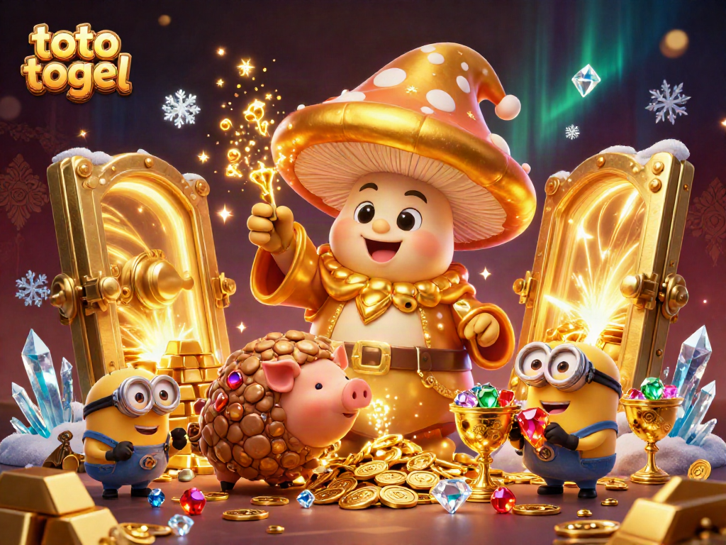 Experience the magic of toto togel with a golden mushroom wizard revealing treasures in this vibrant casino scene.