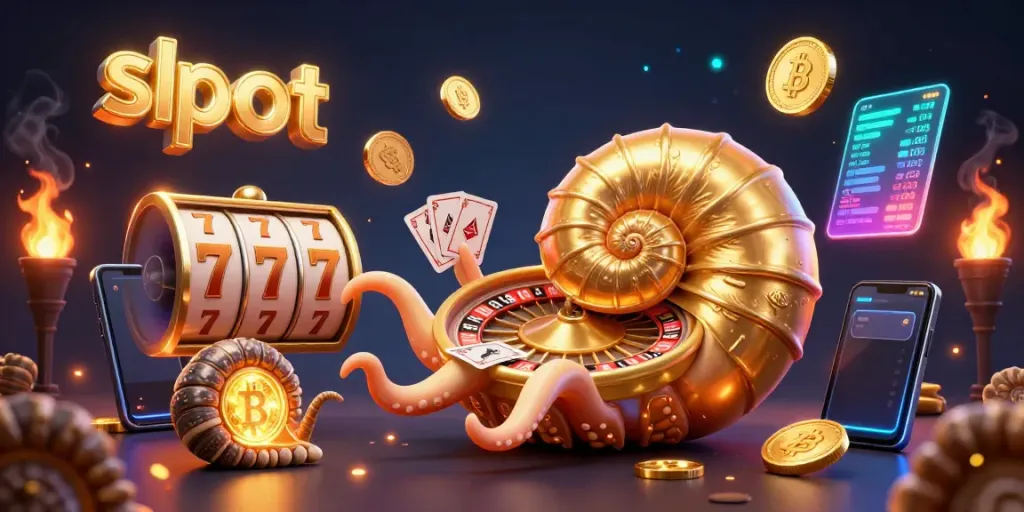 Engage with the thrill of slot games, featuring a giant nautilus holding cards amidst glowing cryptocurrency elements.