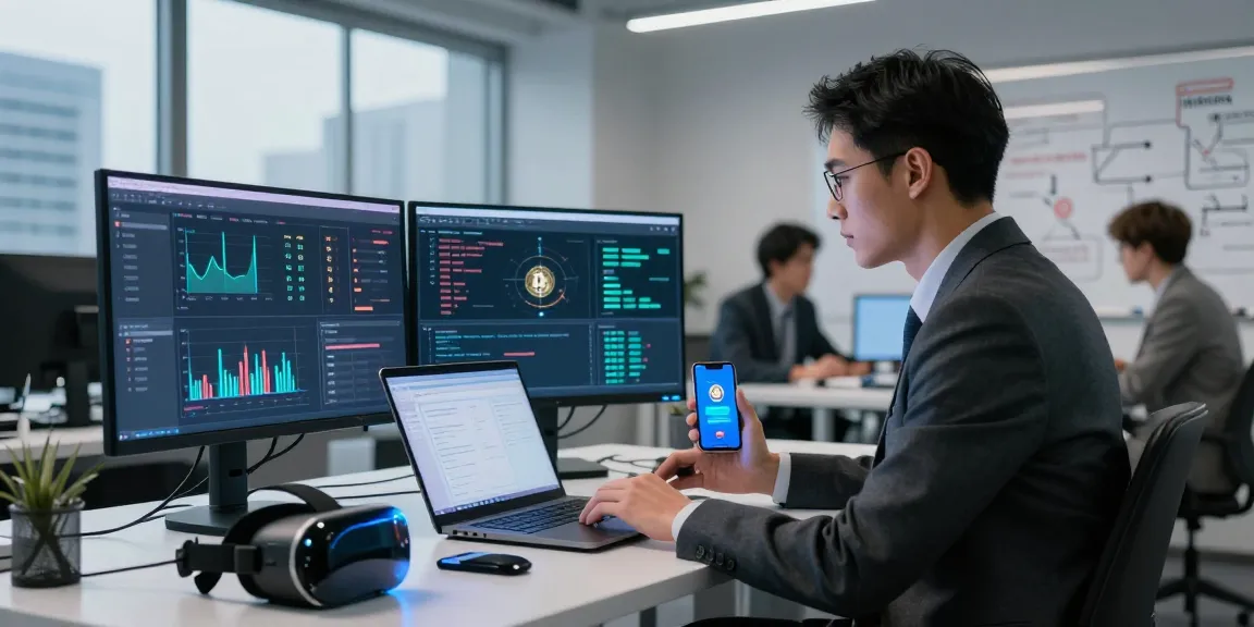 Expert recovering lost crypto in a modern tech office with multiple screens