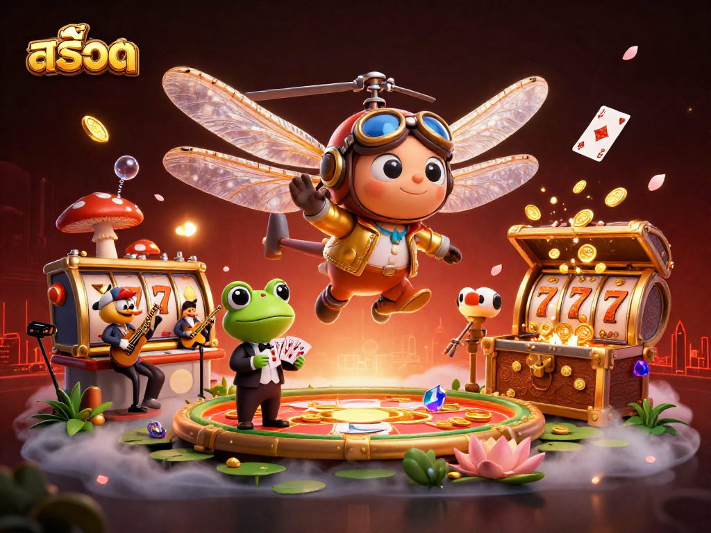 Engage with สล็อต action in a vibrant casino scene featuring a dragonfly pilot and frog dealer.