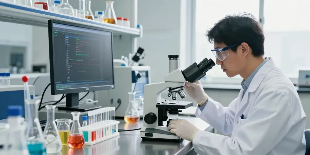 Scientist analyzing SwissChems peptide samples in a bright lab environment