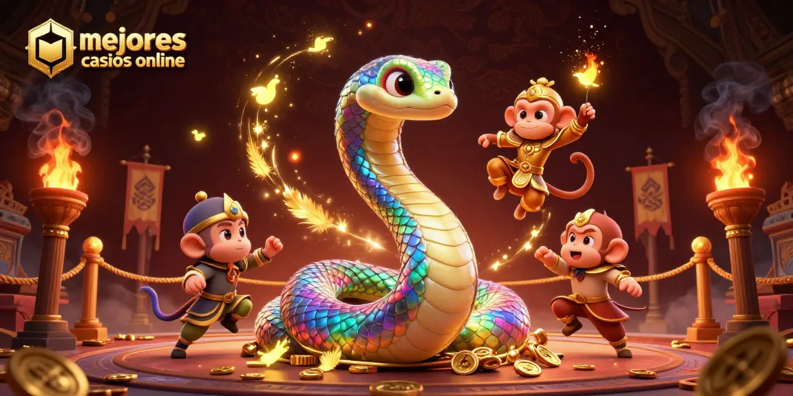 Gana en los mejores casinos online con esta ilustración vibrante de un rey mono y una serpiente mágica.