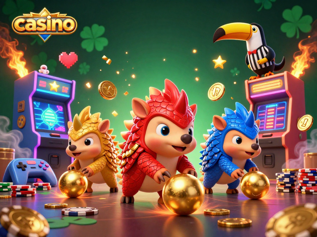 Casino scene with rival pangolins bowling through poker chips amidst vibrant arcade elements.