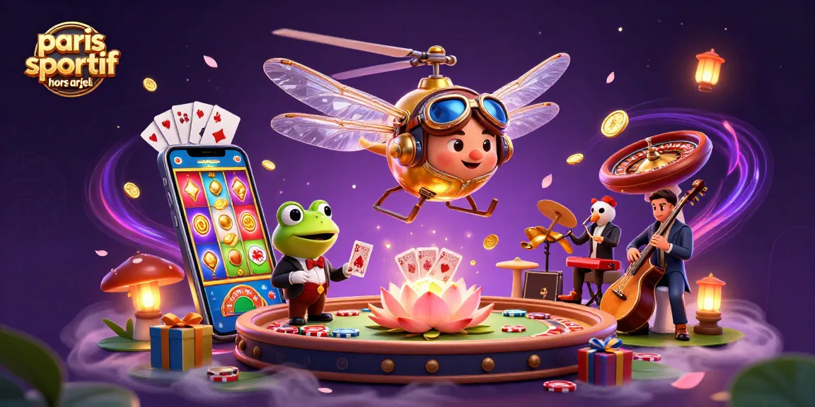 Profitez de l'expérience dynamique avec paris sportif hors ARJEL, un pilote libellule et un croupier grenouille dans un casino vibrant.