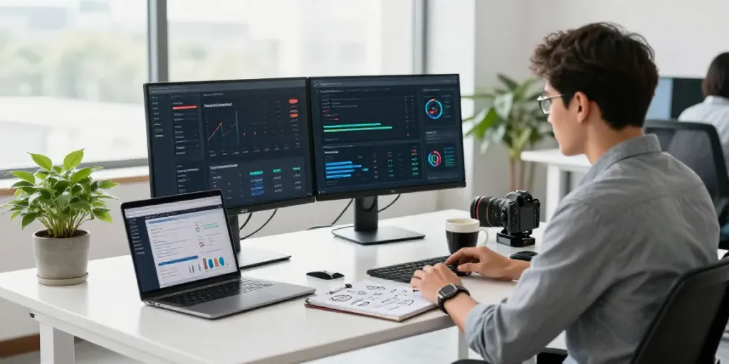 Digital marketing professional analyzing instant indexing performance metrics in a bright modern office.