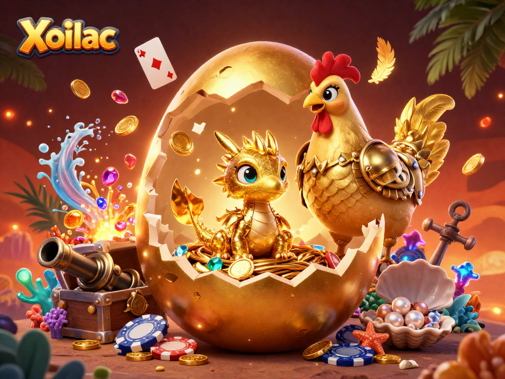 Xoilac players enjoy a thrilling scene with a golden dragon and poker chips in a vibrant casino backdrop