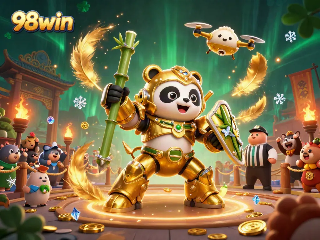 Engage in thrilling gaming action with 98win's vibrant virtual arena featuring dynamic characters and elements.