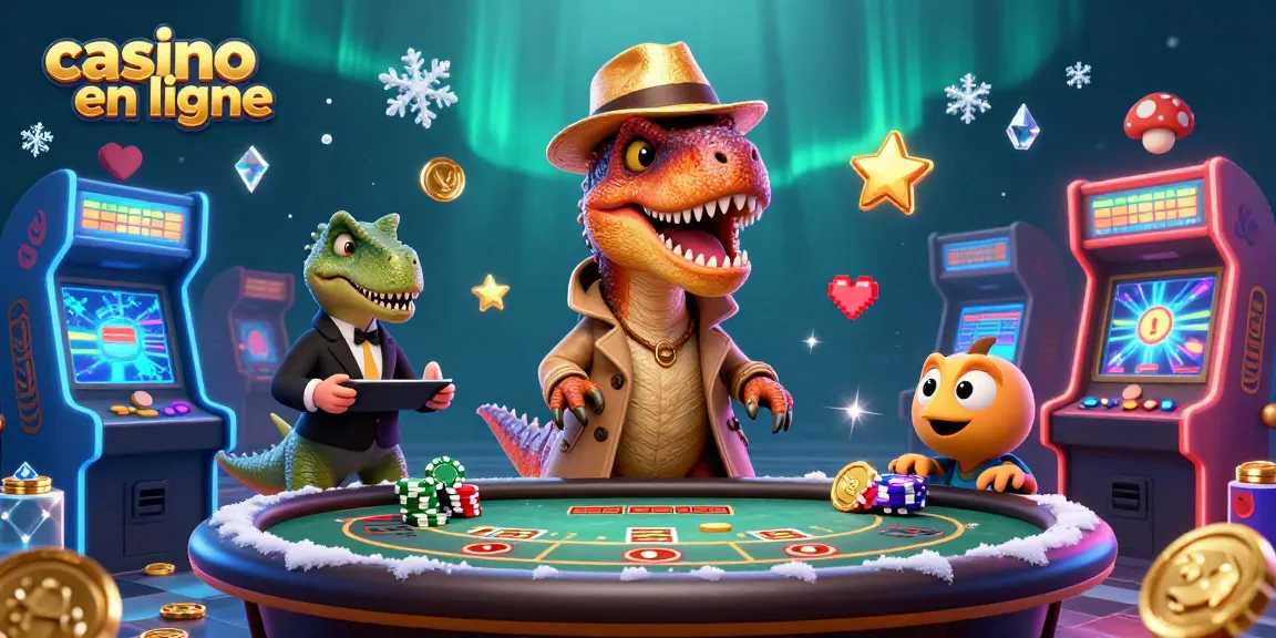 Jouez au casino en ligne avec des personnages cartoon illustrant une scène de jeu dynamique.