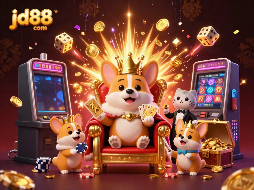 Experience the thrill at jd88 com with a vibrant royal corgi king amidst a jackpot scene.