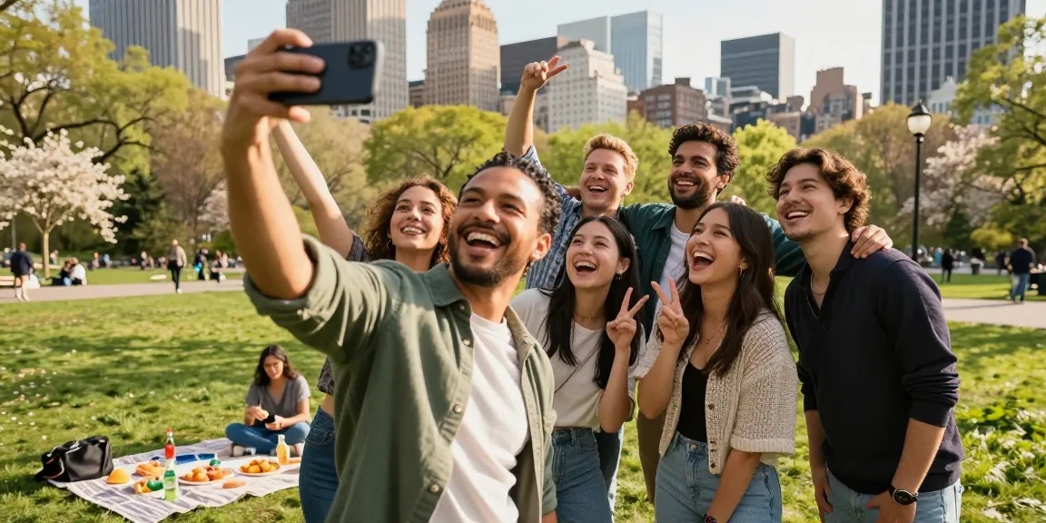 Celebrities that look alike captured in urban park scene with friends sharing joyful moments and taking selfies.