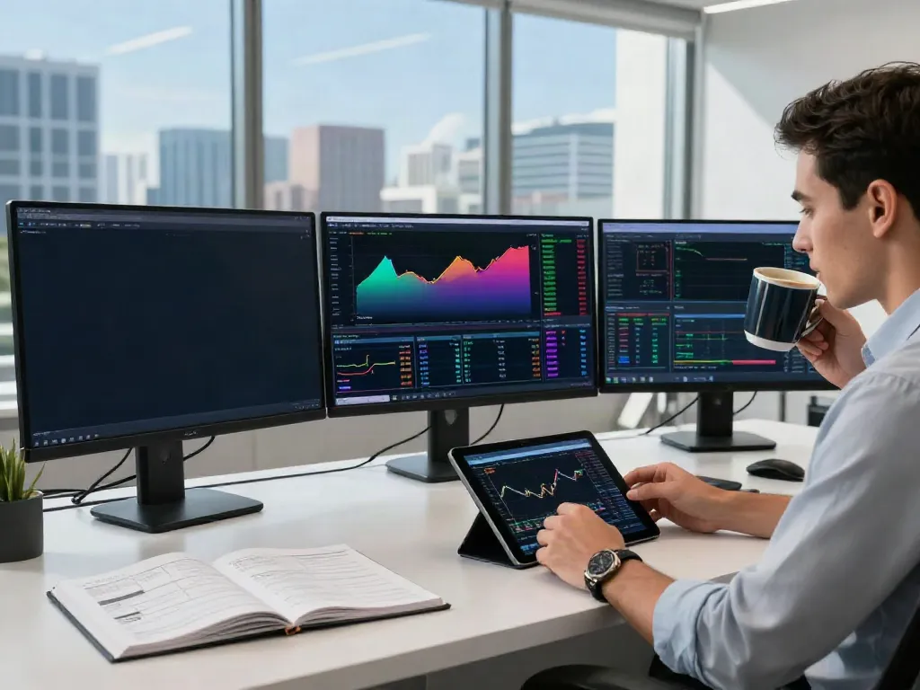 Trader analyzing MetaTrader 5 charts in a modern office setup