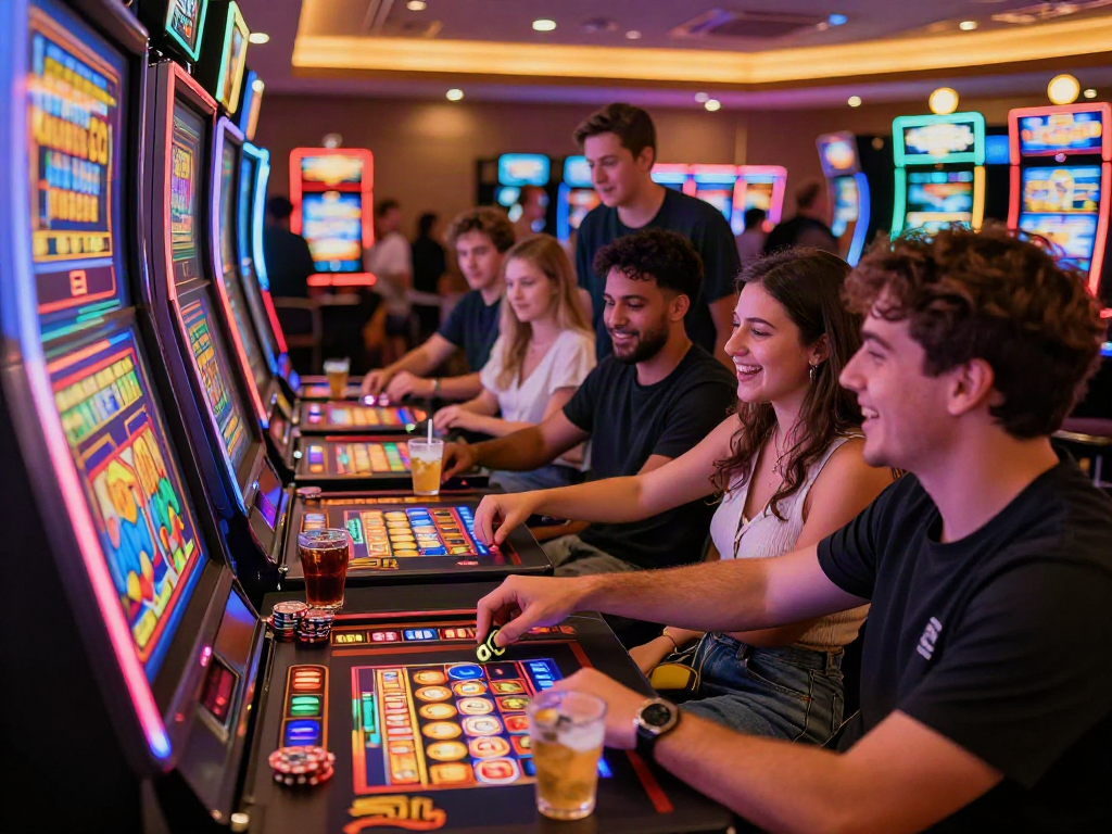 Exciting gaming scene with friends enjoying slot gacor hari ini at a vibrant casino.