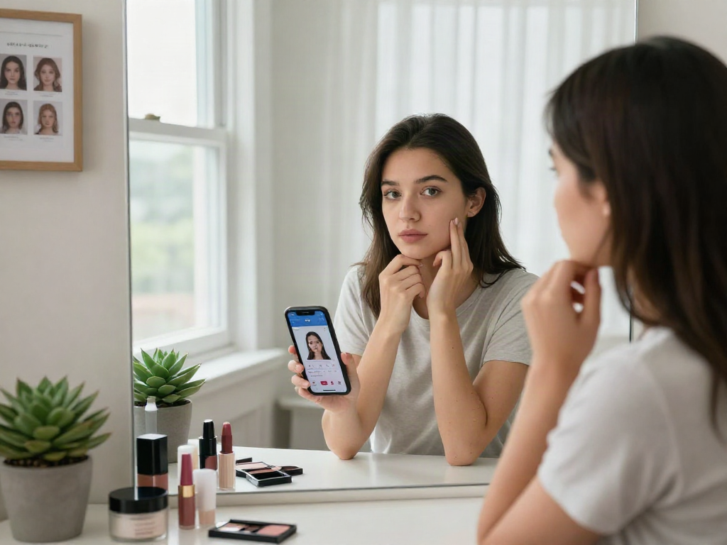 Young woman using an attractiveness test app, evaluating her beauty features in a bright, inviting room.