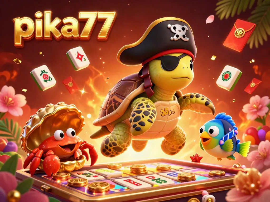 Experience thrilling wins at pika77 with a dynamic 3D illustration showcasing vibrant gambling elements.