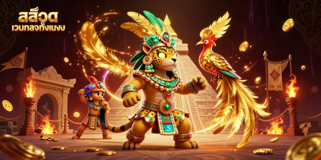 Experience excitement with สล็อตเว็บตรงทั้งหมด featuring vibrant characters amidst casino-themed gold and energy.