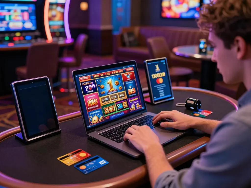 Exciting scene at a casino that accepts credit card showing player engaging with bright game displays and credit card options.