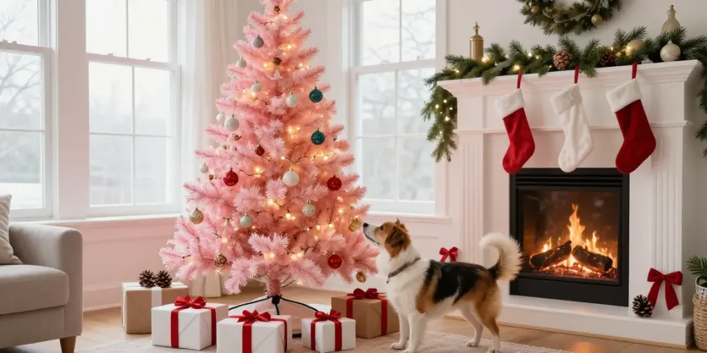 A beautifully decorated small pink Christmas tree with lights in a cozy living room