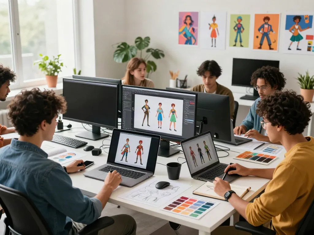Team of artists using a consistent character generator in a vibrant design studio.