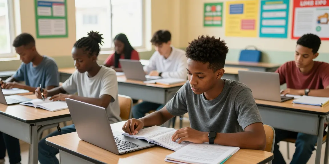 Diverse students actively studying for the 2026 ijmb expo in an inviting classroom filled with resources.